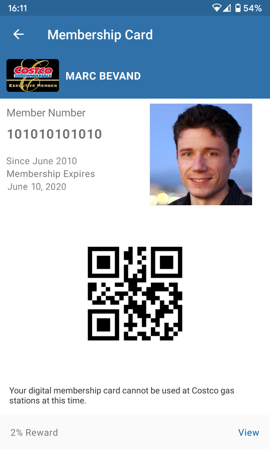 Screenshot of Costco digital membership card